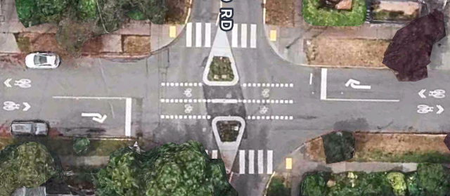 overhead view of the Fernwood - Haultain intersection in Victoria showing crossrides