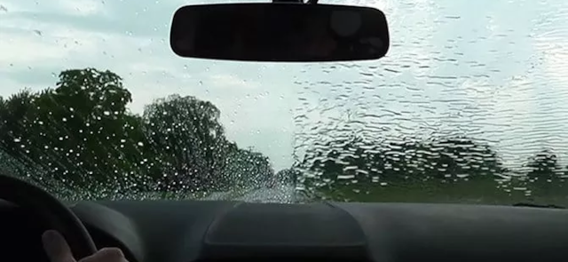 image of rainy windshield showing action of hydrophobic windshield treatments