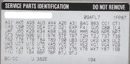 image of sample option codes list