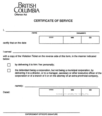 image of certificate of service for a violation ticket