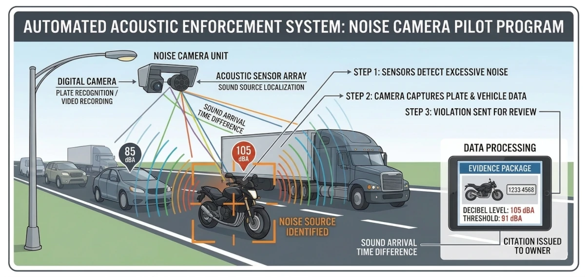 Infographic diagram illustrating an automated acoustic noise camera system isolating a loud motorcycle exhaust on a highway using sound triangulation.