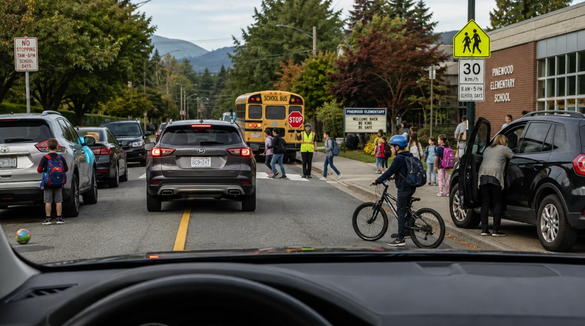 Driver's view of a busy elementary school drop-off area with children, parked vehicles, a school bus, cyclist and crossing guard