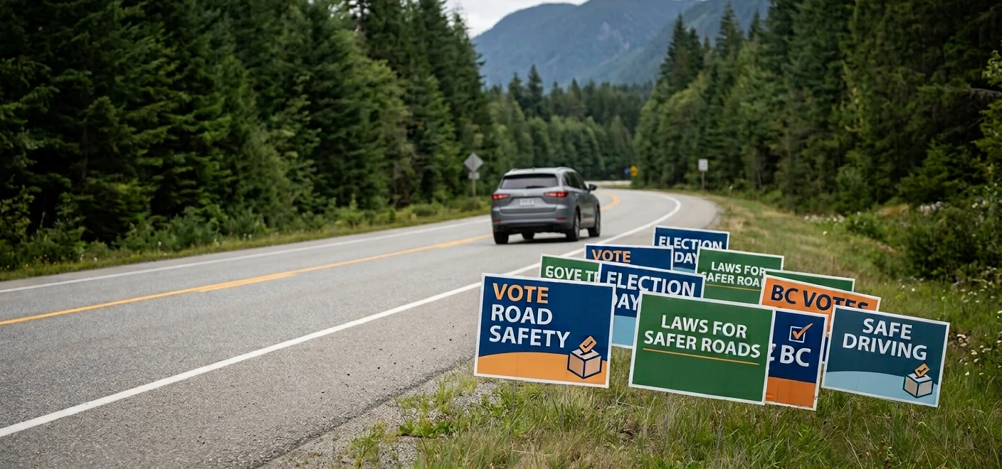 A car travelling on a British Columbia highway past election-style signs representing choices about road safety.