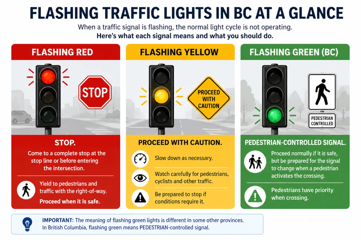 Infographic showing the meaning of flashing red, flashing yellow and flashing green traffic lights in British Columbia