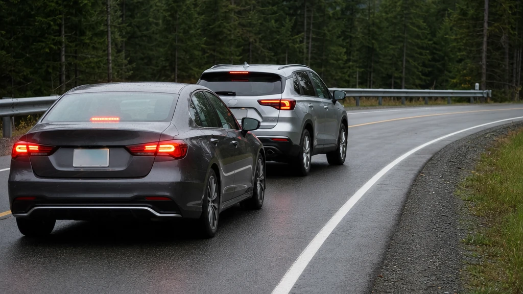 Two vehicles approaching a rear-end collision on a highway on-ramp