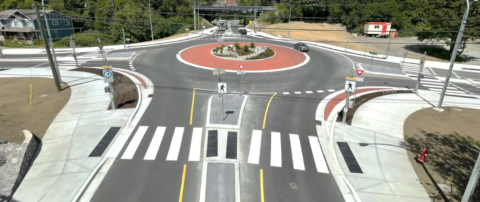 A driver approaching a roundabout in British Columbia