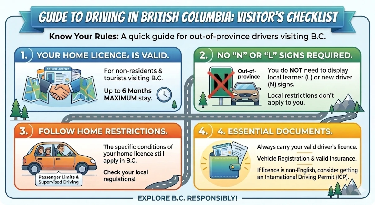 Infographic checklist outlining British Columbia driving rules for out-of-province tourists, including the 6-month limit and licence exemptions.