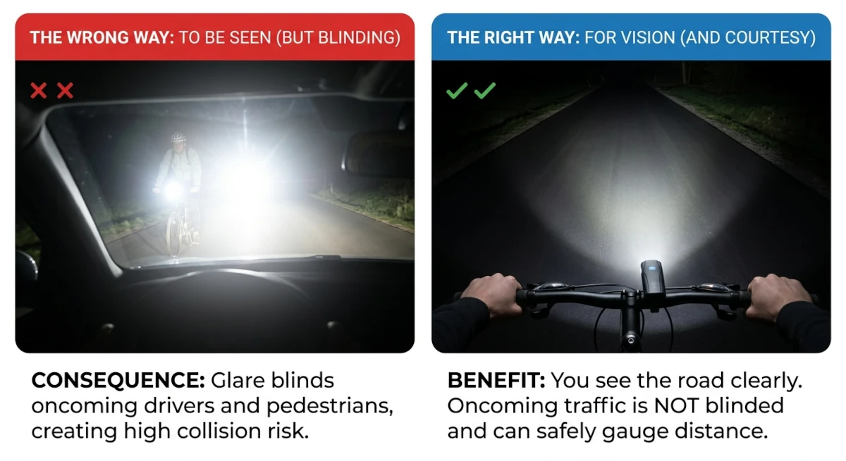A two-panel educational infographic comparing bad and good bicycle headlight angles. The left side shows a blinding white glare from a driver's perspective. The right side shows a clean dark road illuminated safely from a cyclist's perspective.