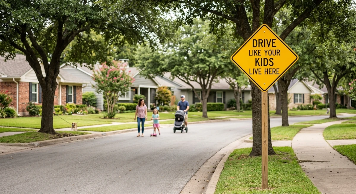 A temporary yellow diamond lawn sign that reads Drive Like Your Kids Live Here on a residential street boulevard