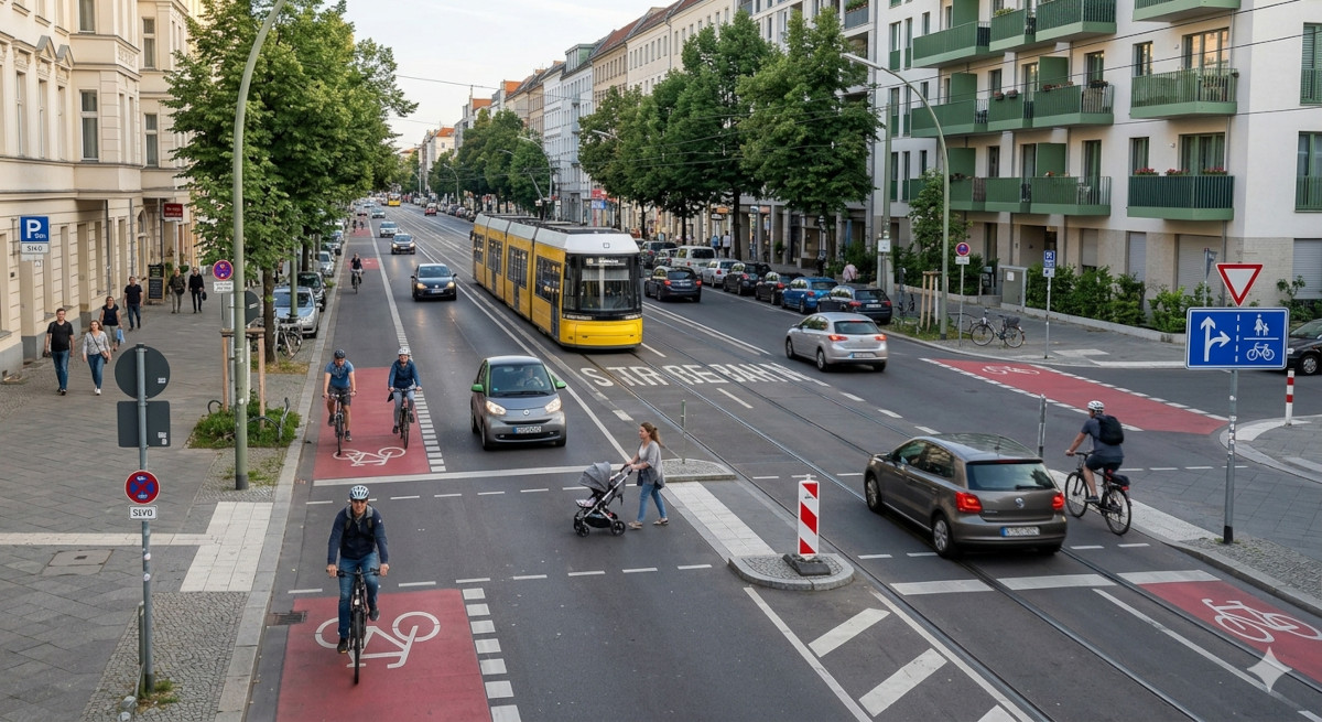 Orderly European street scene showcasing motorists, cyclists, light rail, and pedestrians safely sharing the public roadway