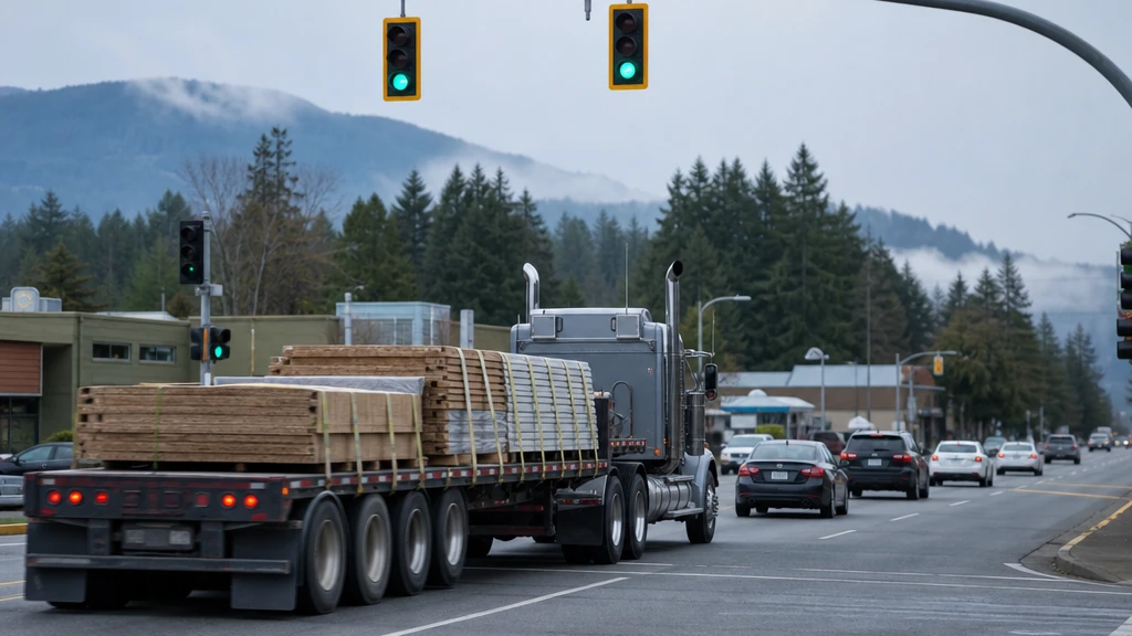 Heavily loaded flatdeck truck travelling through an intersection
