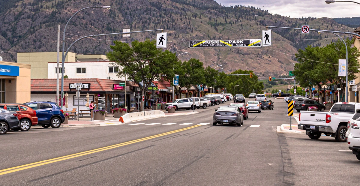 Highway 3 through downtown Osoyoos showing a double solid yellow centre line and angle parking