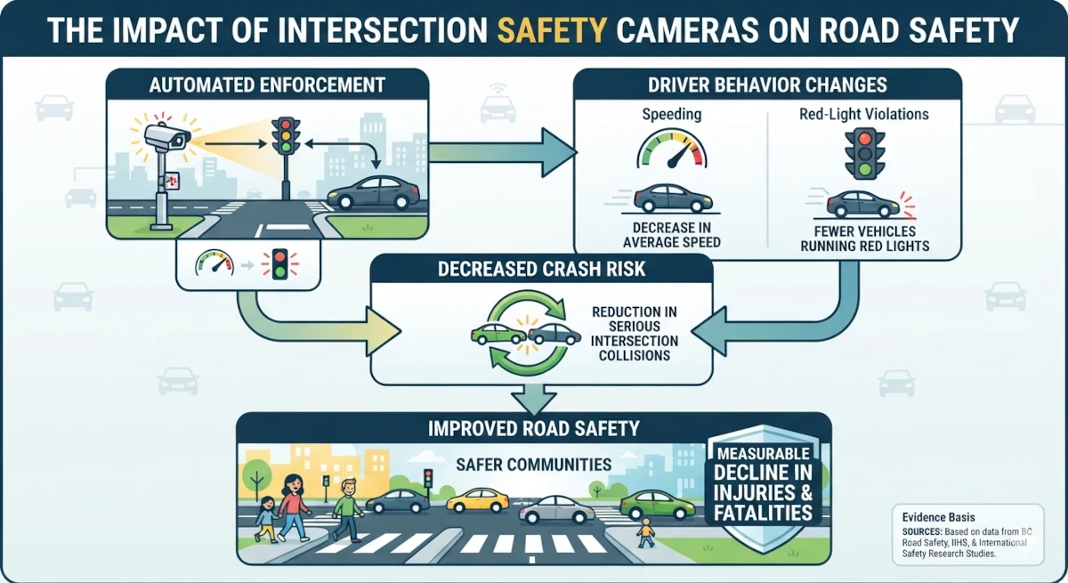 Infographic flowchart showing how intersection safety cameras alter driver behavior, leading to reduced speeding, fewer red-light violations, and a decrease in serious collisions.