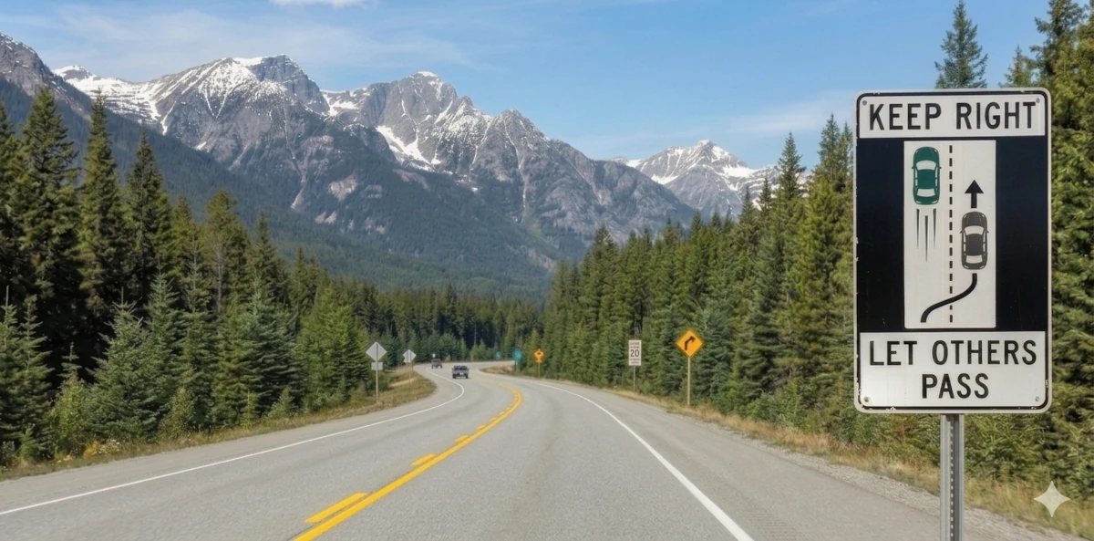 Keep Right, Let Others Pass sign on a British Columbia highway