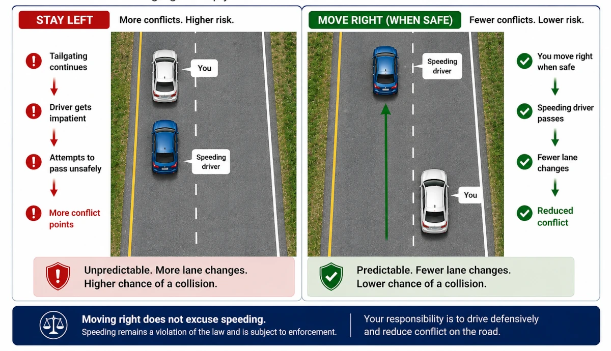 Infographic showing how keeping right ensures road safety while blocking the left lane creates hazards.