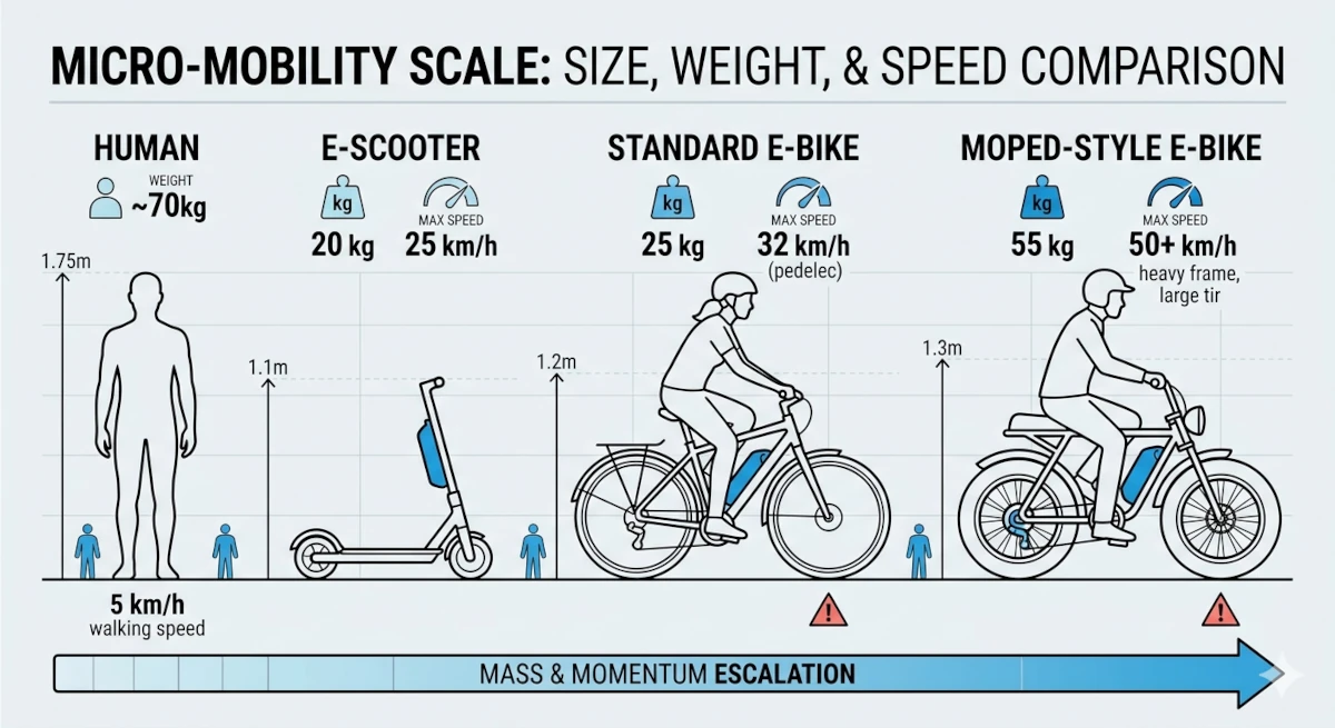 A micro-mobility scale chart comparing size, weight, and speed metrics between a human pedestrian, an e-scooter, a standard legal e-bike, and an illegal moped-style electric bike.