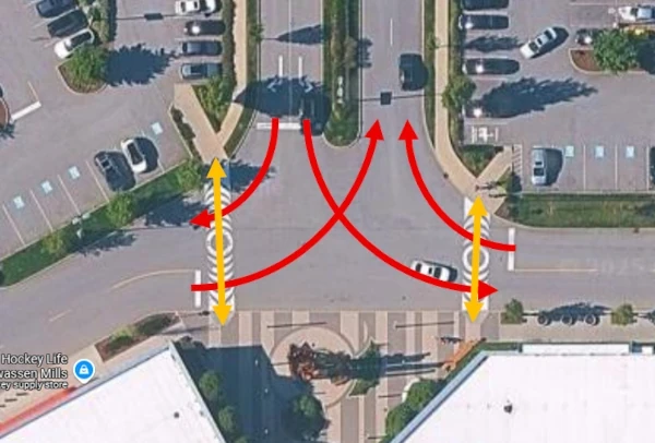 Parking lot design showing where pedestrians cross vehicle traffic near a shopping mall entrance