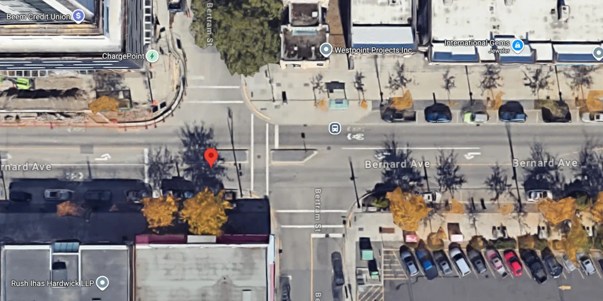 Overview of the Bertram Street and Bernard Avenue intersection in Kelowna showing pedestrian crossings and signal locations