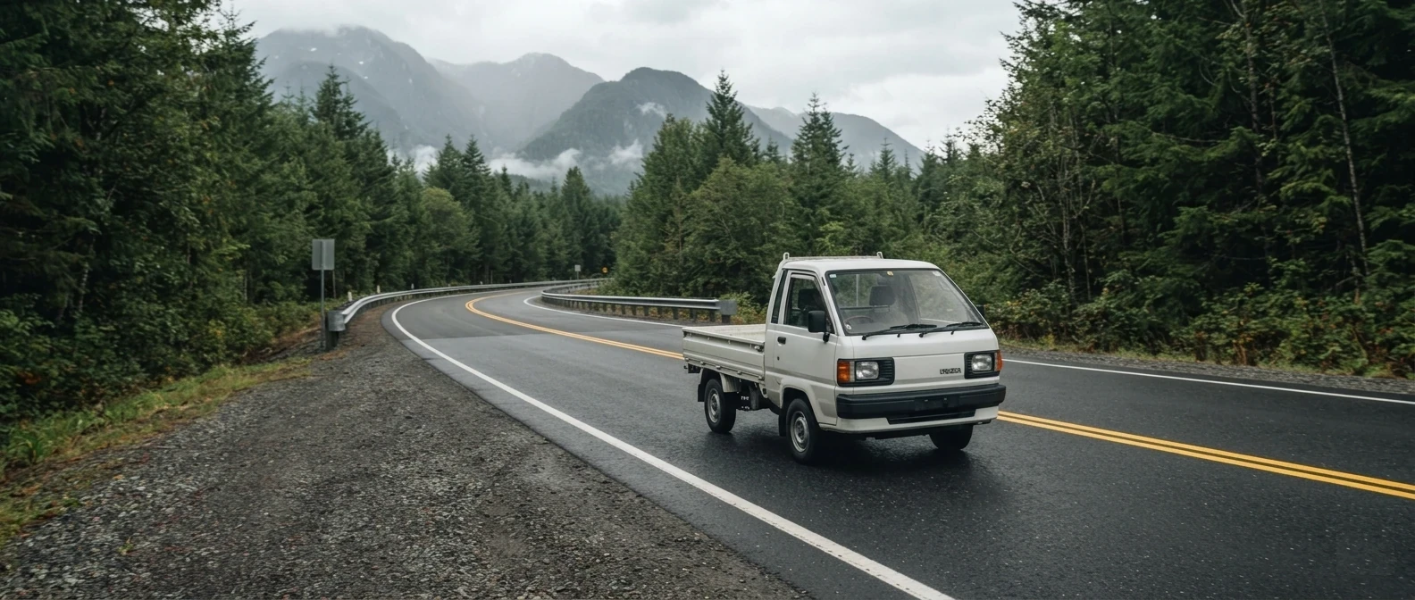 Right-hand-drive vehicle travelling on a British Columbia highway