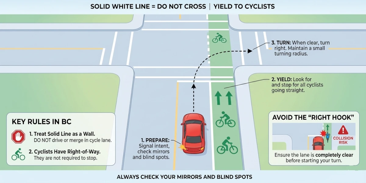 Right turn across a bicycle lane separated by a solid white line.