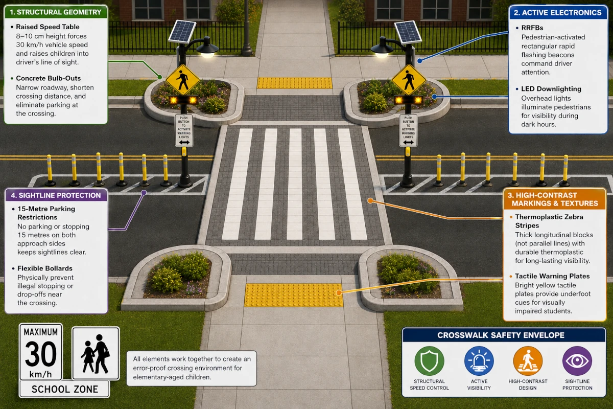 Proposed safety design for a school crosswalk on a two-lane 30 km/h road, showing a raised crosswalk, curb extensions, pedestrian-activated flashing beacons, tactile warning plates and protected sightlines