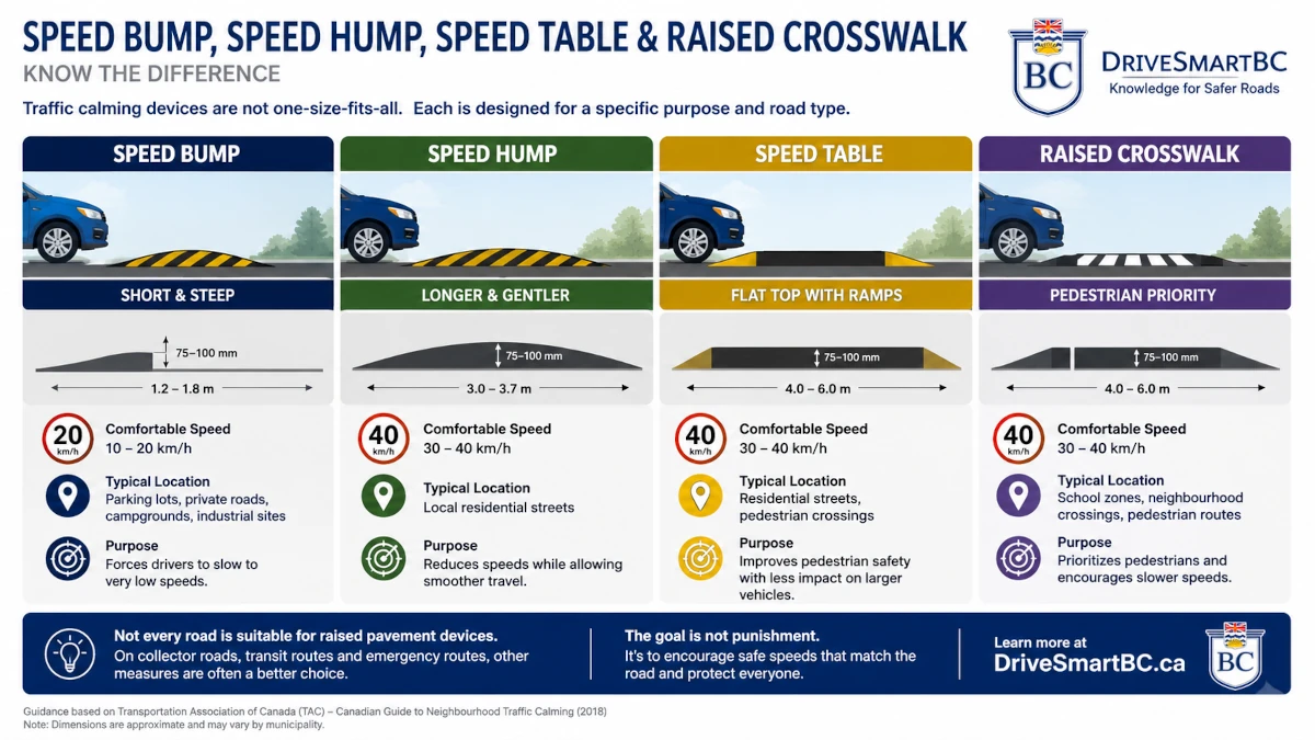Comparison of a speed bump, speed hump, speed table and raised crosswalk showing their profiles, typical speeds and common uses.