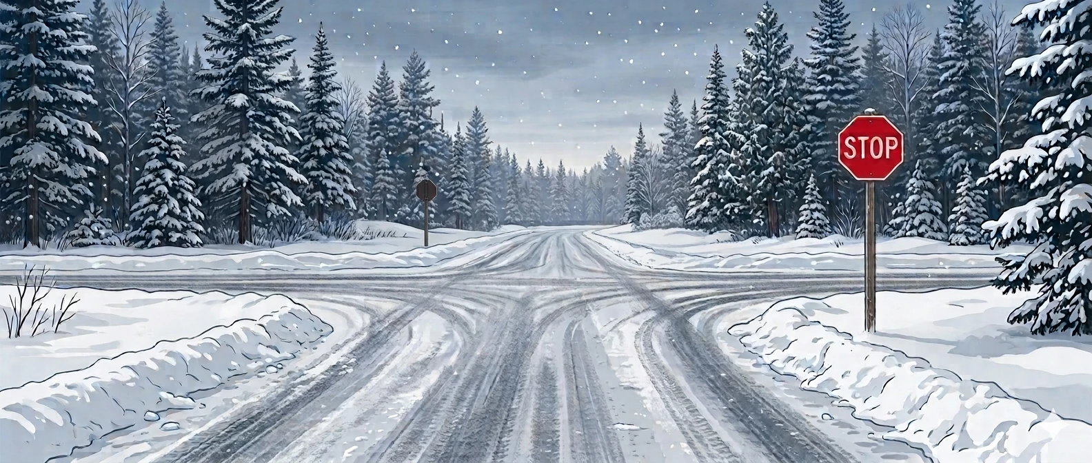 Snow-covered road approaching a stop sign at a winter intersection