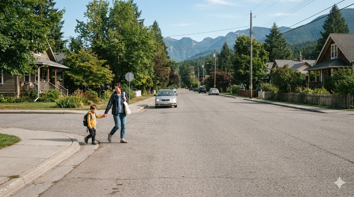 A mother and child crossing a residential British Columbia street at an intersection with no painted crosswalk lines but a sidewalk curb cut, an example of an unmarked crosswalk