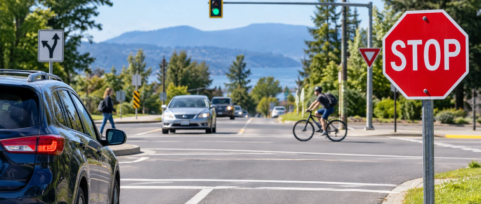 Drivers and other road users following traffic rules at a busy intersection