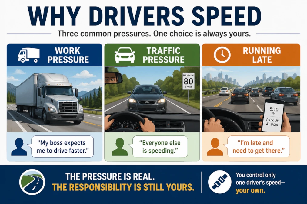 Infographic showing three common reasons drivers speed: work pressure, traffic pressure, and running late, with the message that each driver is responsible for their own speed.