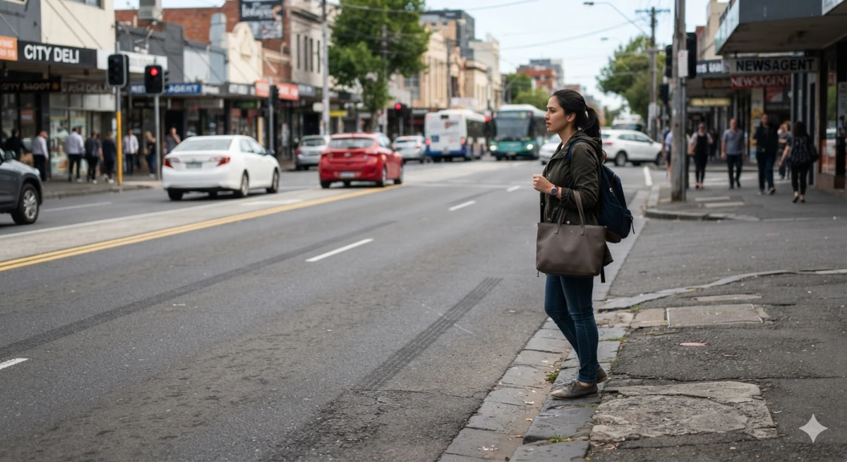 Pedestrian crossing a roadway while vehicles approach